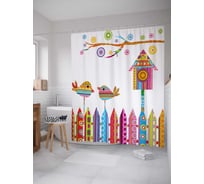 Штора (занавеска) для ванной JoyArty "Расписной скворечник" из сатена, 180х200 см с крючками, sc_21639