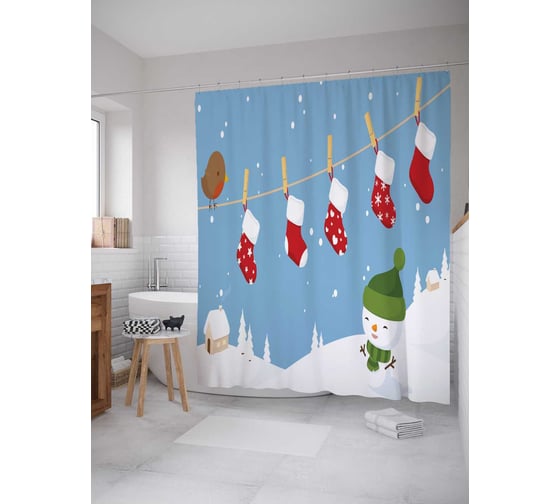 Штора (занавеска) для ванной JoyArty "Новогодние носки" из сатена, 180х200 см с крючками, sc_20079 1