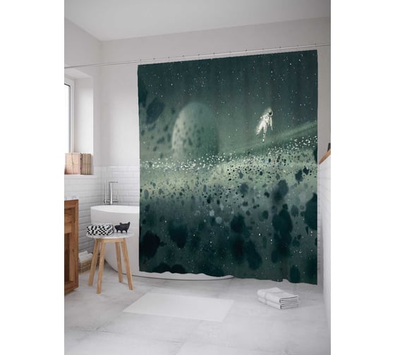 Штора (занавеска) для ванной JoyArty "Космическая прогулка" из сатена, 180х200 см с крючками, sc_23058