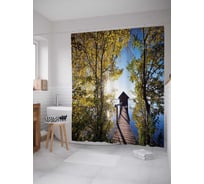 Штора (занавеска) для ванной JoyArty "Домик на реке" из сатена, 180х200 см с крючками, sc_19706