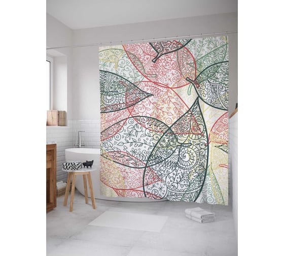Штора (занавеска) для ванной JoyArty "Скрытый за листьями" из сатена, 180х200 см с крючками, sc_2942 1