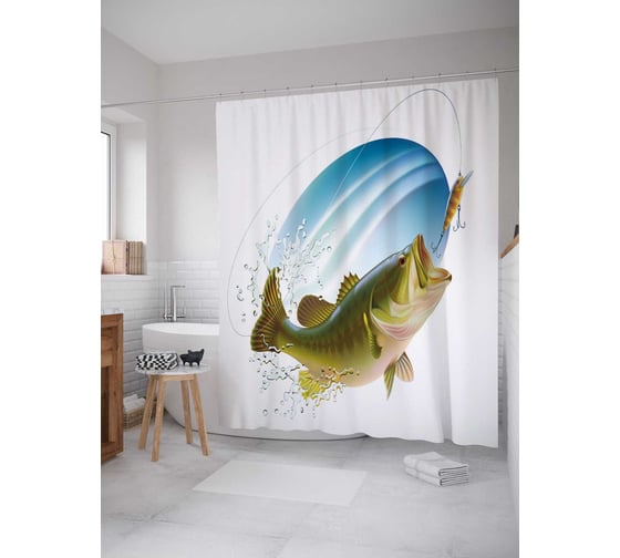 Штора (занавеска) для ванной JoyArty "Крутой улов" из сатена, 180х200 см с крючками, sc_21301 1
