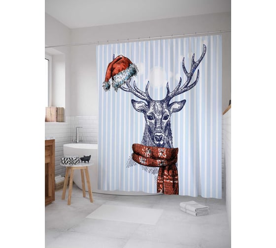 Штора (занавеска) для ванной JoyArty "Олень с шарфом" из сатена, 180х200 см с крючками, sc_21516 1