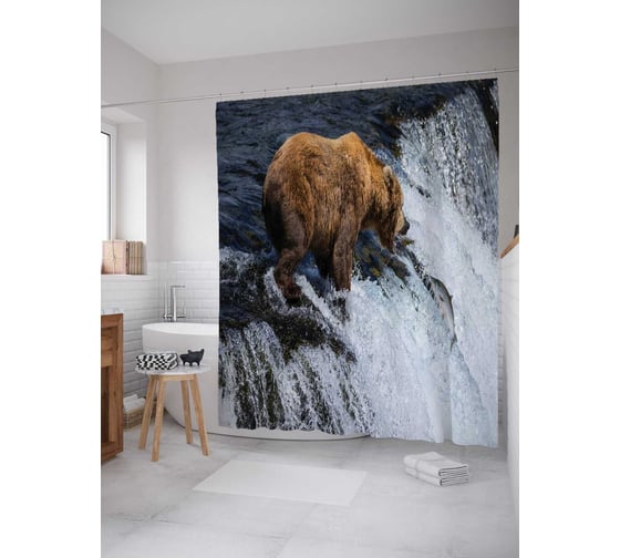 Штора (занавеска) для ванной JoyArty "Опытный медведь" из сатена, 180х200 см с крючками, sc_22014 1