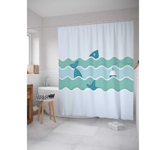 Штора (занавеска) для ванной JoyArty "Рыбалка в разгаре" из сатена, 180х200 см с крючками, sc_21308 1