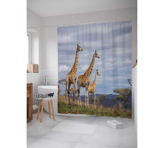 Штора (занавеска) для ванной JoyArty "Жирафы наблюдают" из сатена, 180х200 см с крючками, sc_21749 1