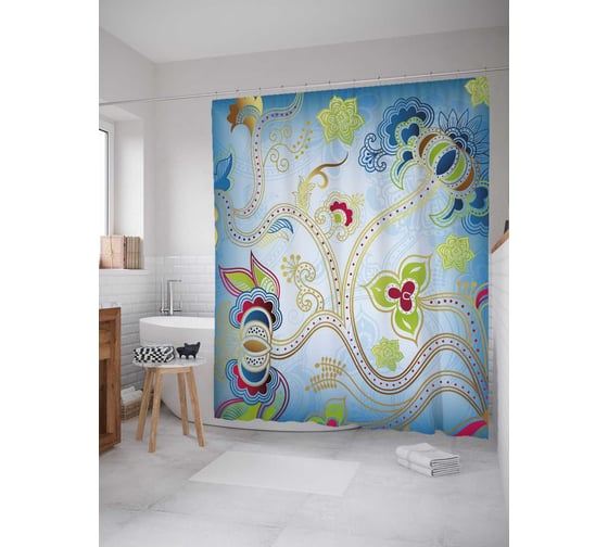 Штора (занавеска) для ванной JoyArty "Цветочный путь" из сатена, 180х200 см с крючками, sc_28220 1