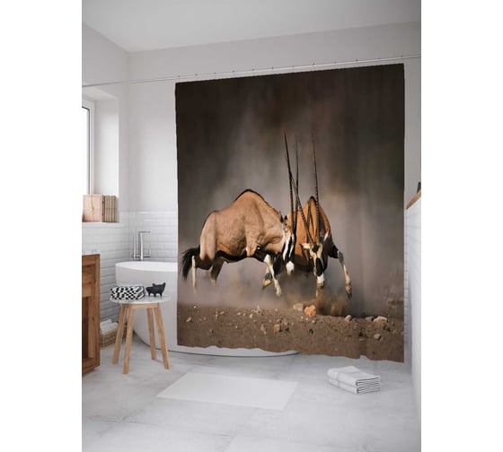 Штора (занавеска) для ванной JoyArty "Бой антилоп" из сатена, 180х200 см с крючками, sc_21748 1