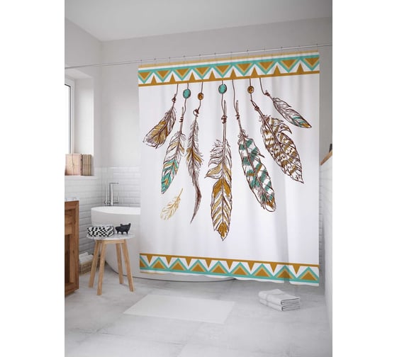 Штора (занавеска) для ванной JoyArty "Подвешенные перья" из сатена, 180х200 см с крючками, sc_20237 1