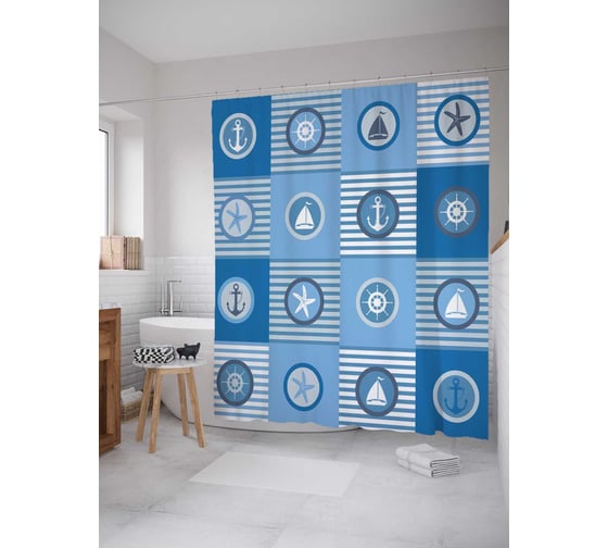 Штора (занавеска) для ванной JoyArty "Морские квадраты" из сатена, 180х200 см с крючками, sc_19743 1