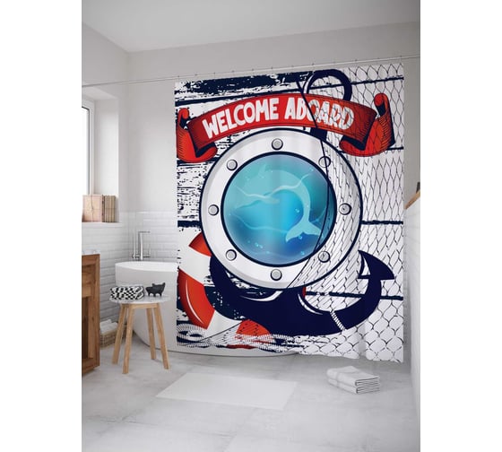 Штора (занавеска) для ванной JoyArty "Добро пожаловать" из сатена, 180х200 см с крючками, sc_20200 1