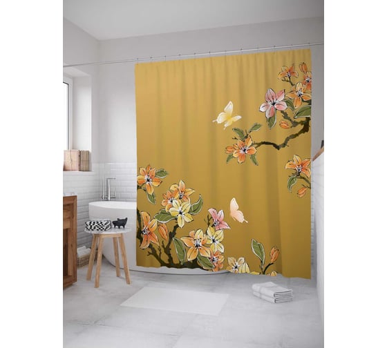 Штора (занавеска) для ванной JoyArty "Цветочное дыхание" из сатена, 180х200 см с крючками, sc_19985 1