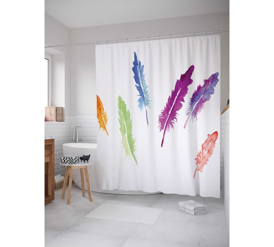 Штора (занавеска) для ванной JoyArty "Разноцветные перья" из сатена, 180х200 см с крючками, sc_20208 1