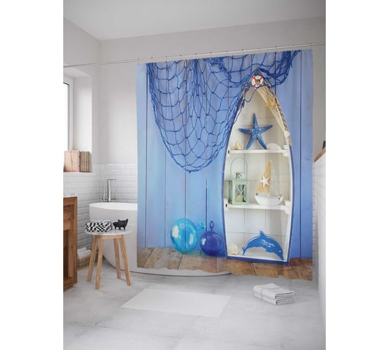 Штора (занавеска) для ванной JoyArty "Морская лодка" из сатена, 180х200 см с крючками, sc_20195 1