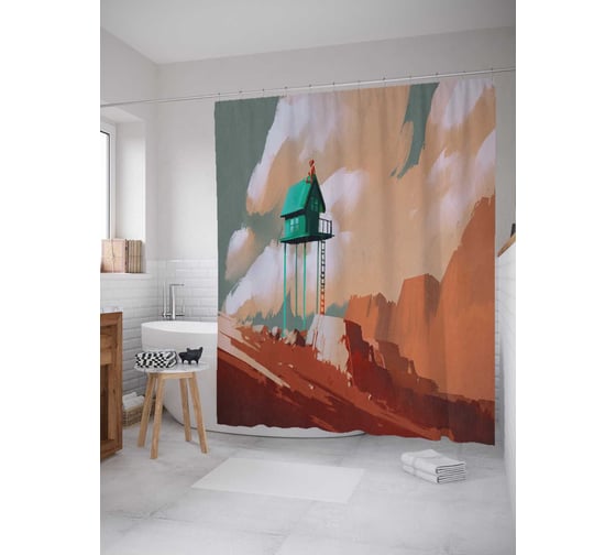 Штора (занавеска) для ванной JoyArty "Наблюдательный дом" из сатена, 180х200 см с крючками, sc_23067 1