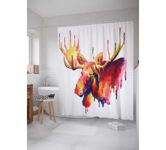 Штора (занавеска) для ванной JoyArty "Лось в красках" из сатена, 180х200 см с крючками, sc_22289 1