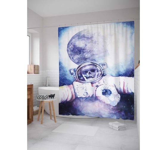 Штора (занавеска) для ванной JoyArty "Скелет космонавт" из сатена, 180х200 см с крючками, sc_21375 1