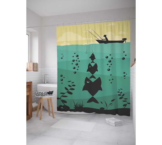 Штора (занавеска) для ванной JoyArty "Рыбацкое веселье" из сатена, 180х200 см с крючками, sc_21316 1