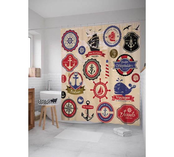 Штора (занавеска) для ванной JoyArty "Морские этикетки" из сатена, 180х200 см с крючками, sc_2850 1
