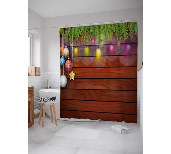 Штора (занавеска) для ванной JoyArty "Новогоднее украшение" из сатена, 180х200 см с крючками, sc_21460 1