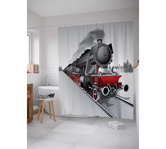 Штора (занавеска) для ванной JoyArty "Старый паровоз" из сатена, 180х200 см с крючками, sc_22390 1