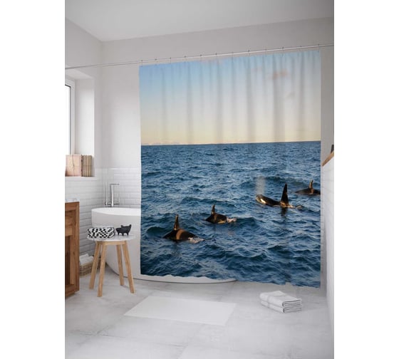 Штора (занавеска) для ванной JoyArty "Любопытные касатки" из сатена, 180х200 см с крючками, sc_23175 1