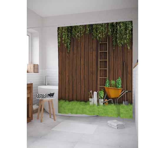 Штора (занавеска) для ванной JoyArty "Садовый забор" из сатена, 180х200 см с крючками, sc_21648 1