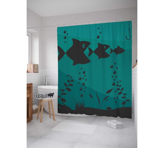 Штора (занавеска) для ванной JoyArty "Рыбное безумие" из сатена, 180х200 см с крючками, sc_21315 1