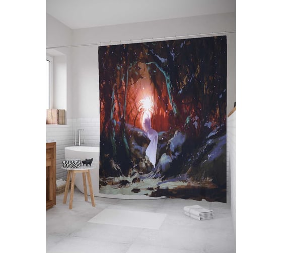 Штора (занавеска) для ванной JoyArty "Устрашающий силуэт" из сатена, 180х200 см с крючками, sc_23081