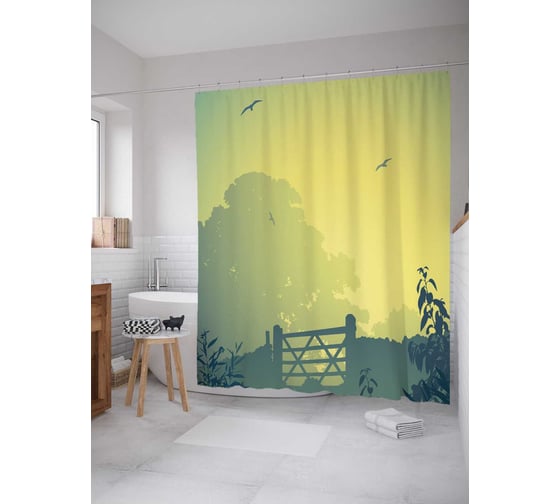 Штора (занавеска) для ванной JoyArty "За ограждением" из сатена, 180х200 см с крючками, sc_21623 1