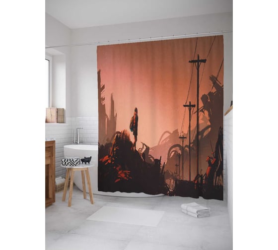 Штора (занавеска) для ванной JoyArty "Путешественник" из сатена, 180х200 см с крючками, sc_23016 1