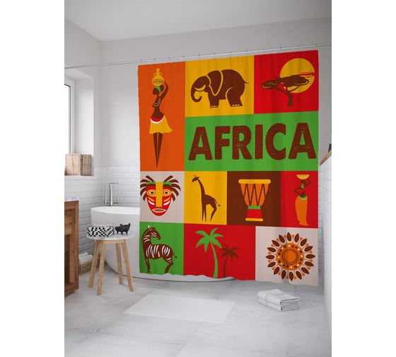 Штора (занавеска) для ванной JoyArty "Африканская культура" из сатена, 180х200 см с крючками, sc_28216 1