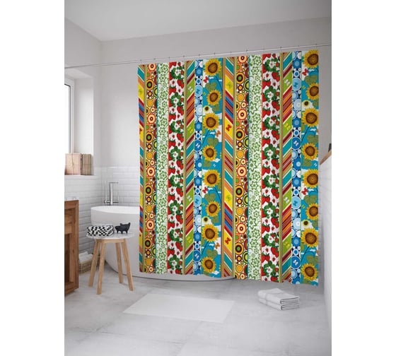 Штора (занавеска) для ванной JoyArty "Полосы с природой" из сатена, 180х200 см с крючками, sc_21532 1