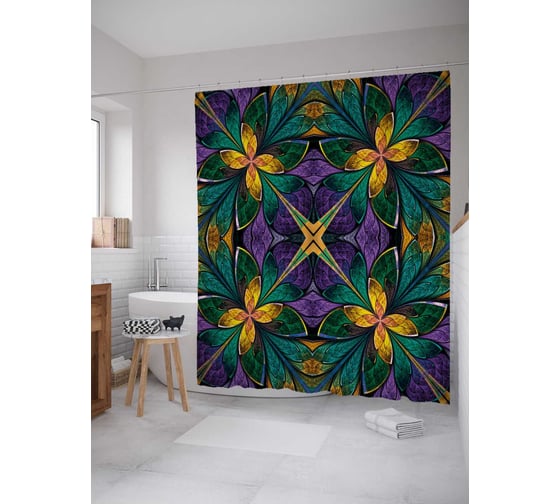 Штора (занавеска) для ванной JoyArty "Цветочная конструкция" из сатена, 180х200 см с крючками, sc_21573 1