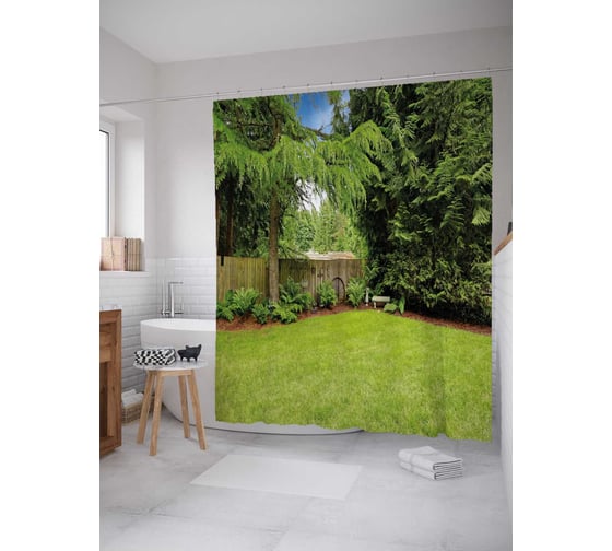 Штора (занавеска) для ванной JoyArty "Лес во дворе" из сатена, 180х200 см с крючками, sc_21629 1