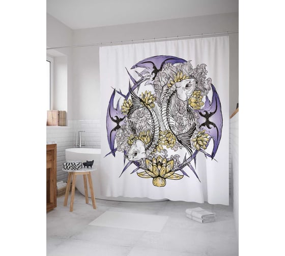 Штора (занавеска) для ванной JoyArty "Рыбьи скелеты" из сатена, 180х200 см с крючками, sc_21370 1