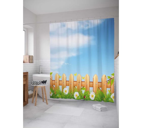 Штора (занавеска) для ванной JoyArty "Маленький заборчик" из сатена, 180х200 см с крючками, sc_21644 1
