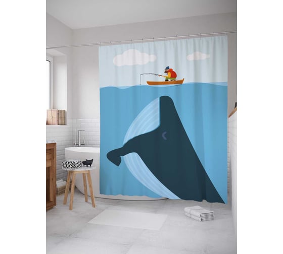 Штора (занавеска) для ванной JoyArty "Рыбак не догадывается" из сатена, 180х200 см с крючками, sc_21932 1