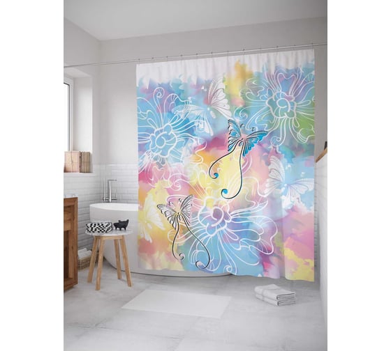 Штора (занавеска) для ванной JoyArty "Ноктюрн с бабочками" из сатена, 180х200 см с крючками, sc_21771 1