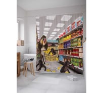 Штора (занавеска) для ванной JoyArty "Обезьяны в магазине" из сатена, 180х200 см с крючками, sc_23510