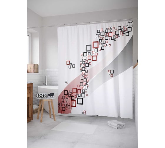 Штора (занавеска) для ванной JoyArty "Вихрь с квадратами" из сатена, 180х200 см с крючками, sc_21913 1