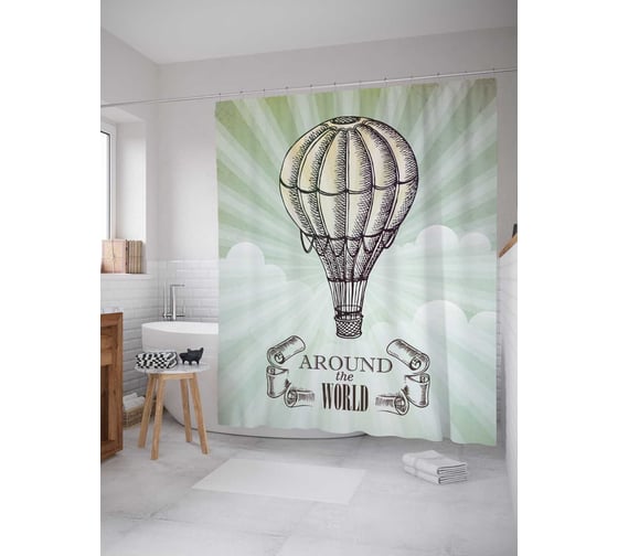 Штора (занавеска) для ванной JoyArty "Вокруг света на шаре" из сатена, 180х200 см с крючками, sc_22039 1