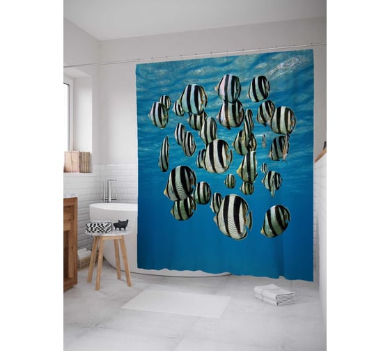Штора (занавеска) для ванной JoyArty "Рыбный отряд" из сатена, 180х200 см с крючками, sc_21291 1