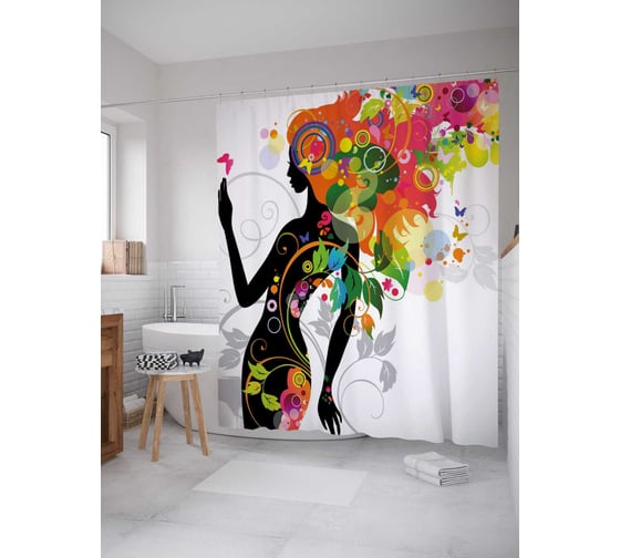 Штора (занавеска) для ванной JoyArty "Цветастая девушка" из сатена, 180х200 см с крючками, sc_21772 1