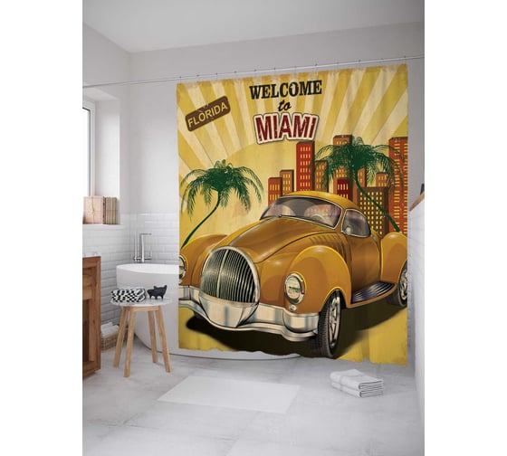 Штора (занавеска) для ванной JoyArty "Ретро автомобиль" из сатена, 180х200 см с крючками, sc_22057 1