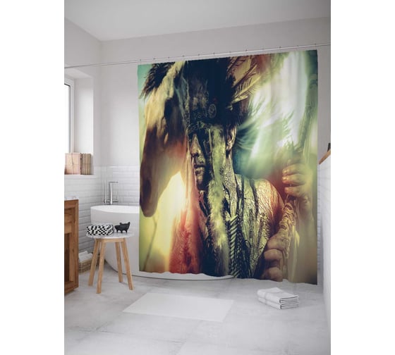 Штора (занавеска) для ванной JoyArty "Вождь природы" из сатена, 180х200 см с крючками, sc_22175 1