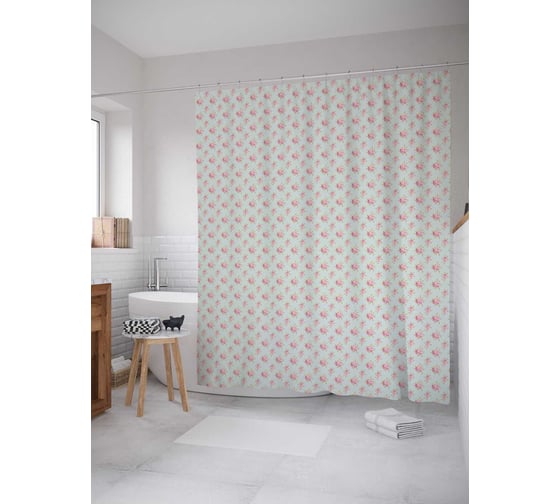 Штора (занавеска) для ванной JoyArty "Розовые букеты на голубом фоне" из сатена, 180х200 см с крючками, sc_258466 1