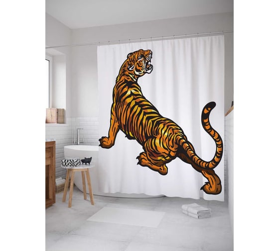 Штора (занавеска) для ванной JoyArty "Игривый тигр" из сатена, 180х200 см с крючками, sc_22151 1