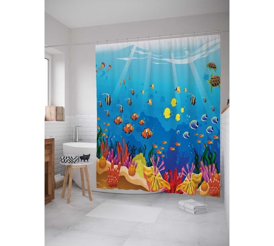 Штора (занавеска) для ванной JoyArty "Сказочное дно" из сатена, 180х200 см с крючками, sc_26452 1