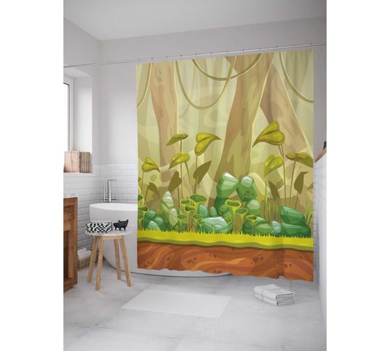 Штора (занавеска) для ванной JoyArty "Туманные джунгли" из сатена, 180х200 см с крючками, sc_29214 1